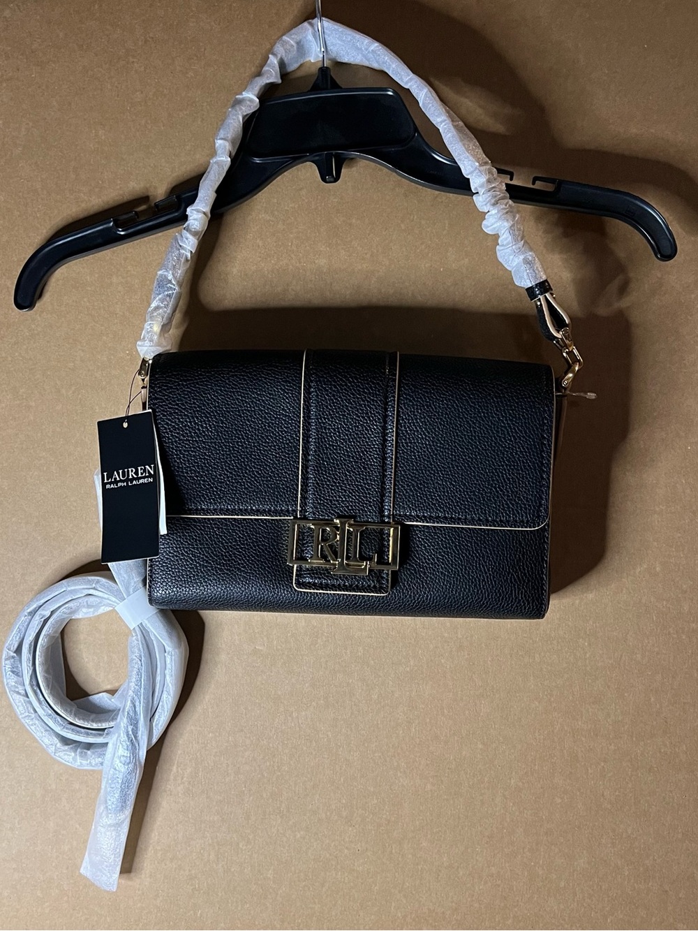 NEW Lauren Ralph Lauren Black Pebbled Leather Flap Shoulder Bag Gold Hardware